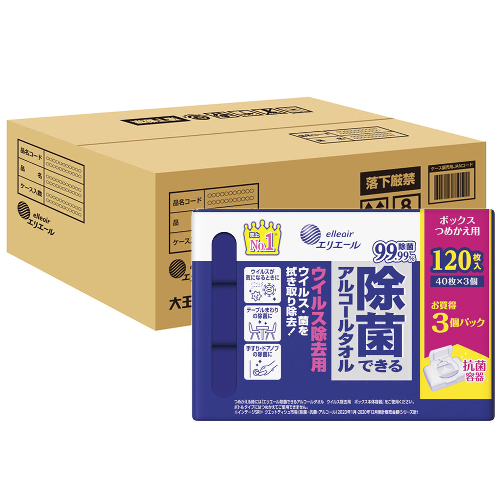 エリエール　除菌できるアルコールタオルウィルス除去用　ボックスつめかえ用40枚×3パック ケース品