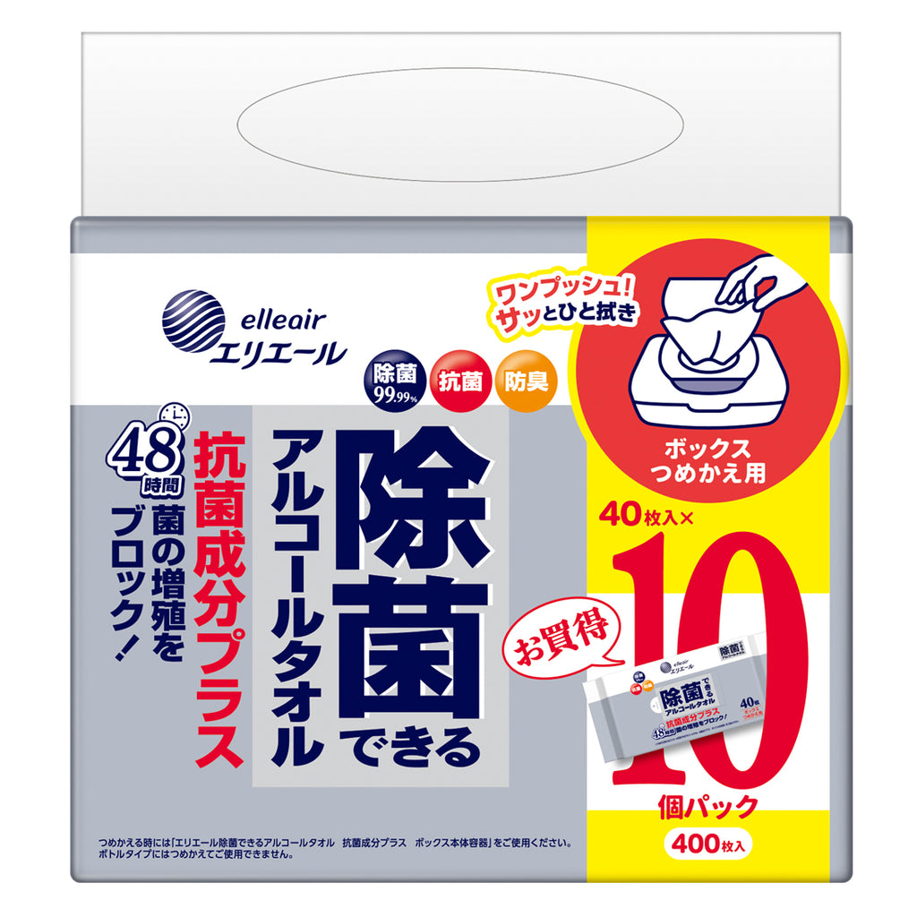 エリエール　除菌できるアルコールタオル抗菌成分プラスボックス　つめかえ用40枚×10パック